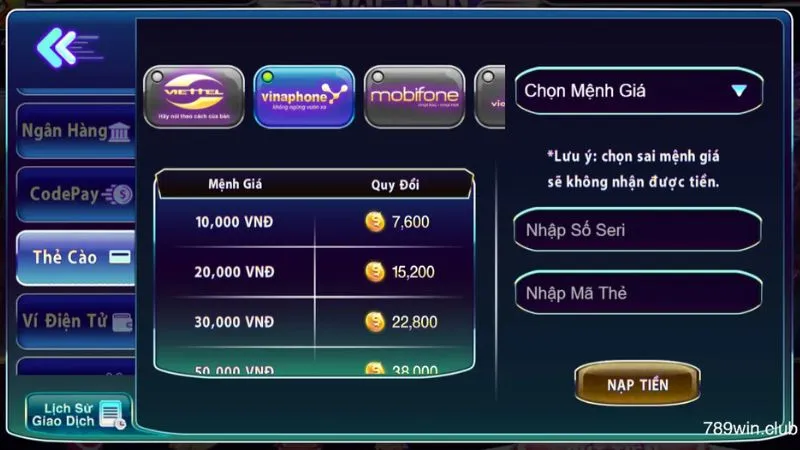 Nạp tiền 789Club qua thẻ cào